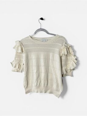 Anthropologie Calligraphie Ruffle Sleeve Pointelle Sweater Cottagecore Sz XL